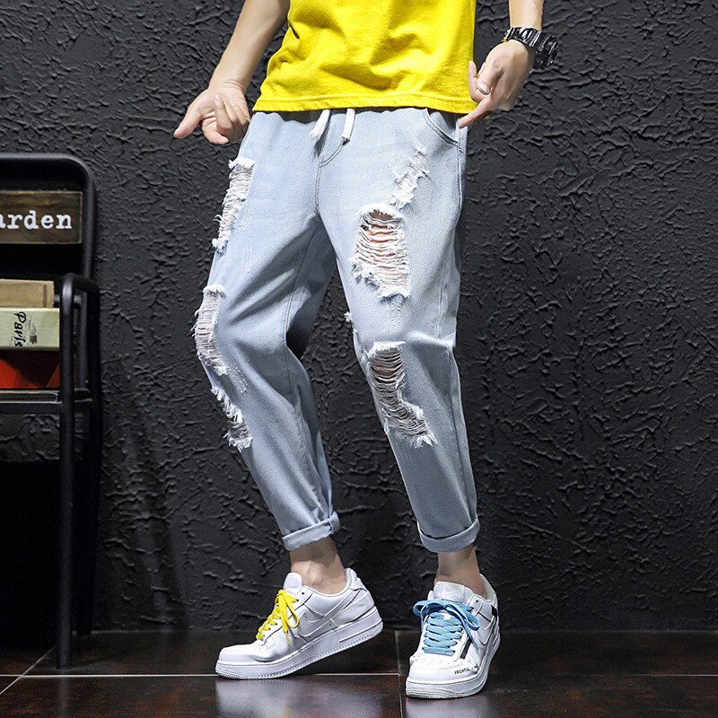 Pantalones vaqueros de para hombre, pantalones de estilo coreano Harajuku con agujero roto, holgados de talla grande, Harem, ropa,