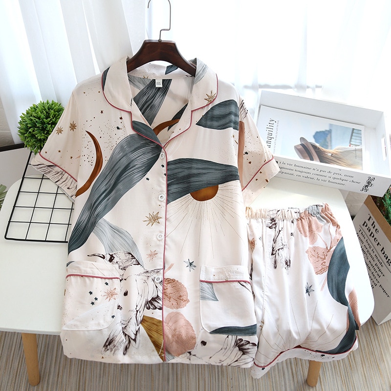 Dam pyjamas dam tunna kortärmade shorts tvådelade hemkläder lösa stjärnhimmel nattkläder sommar pyjamas pyjamas: Stjärnbeströdd himmel / Xl