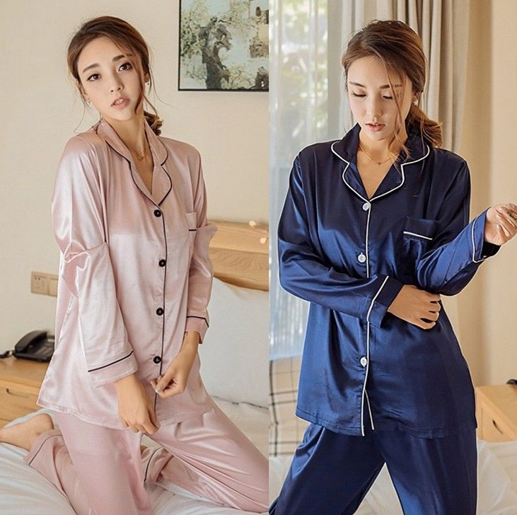 Women Girl Silk Satin Pajamas Set Pyjama Sleepwear Nightwear Loungewear Homewear Solid Color Comfortable Soft