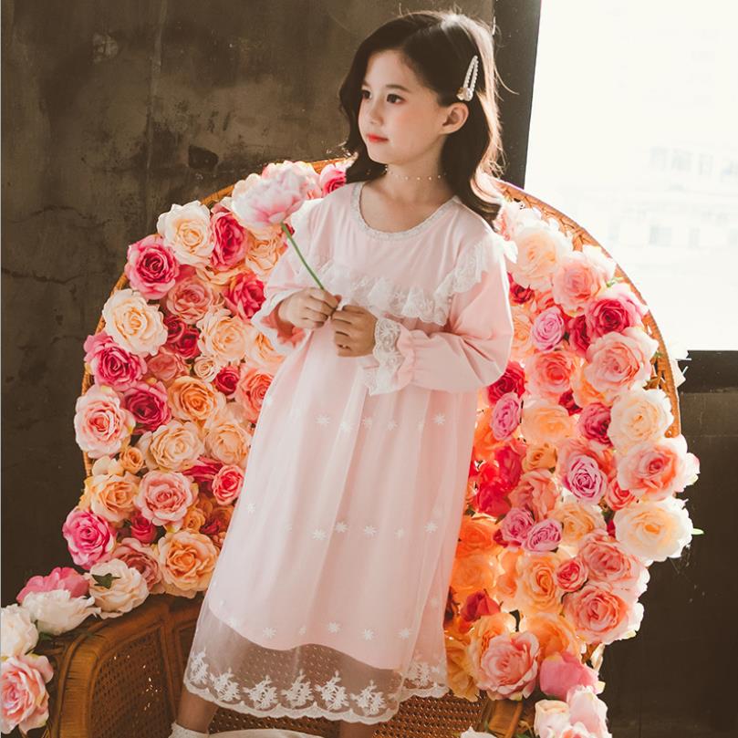 Cotton princess embroidery sleep dress spring mesh patchwork cotton home clthes girls sleep wear ws1391