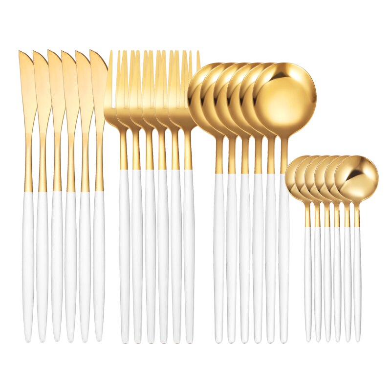 Green Gold 24 Piece Cutlery Cutlery Set Non-fading Cutlery Set Stainless Steel Cutlery Dinner Kitchen Household Knives: 24Pcs White Gold