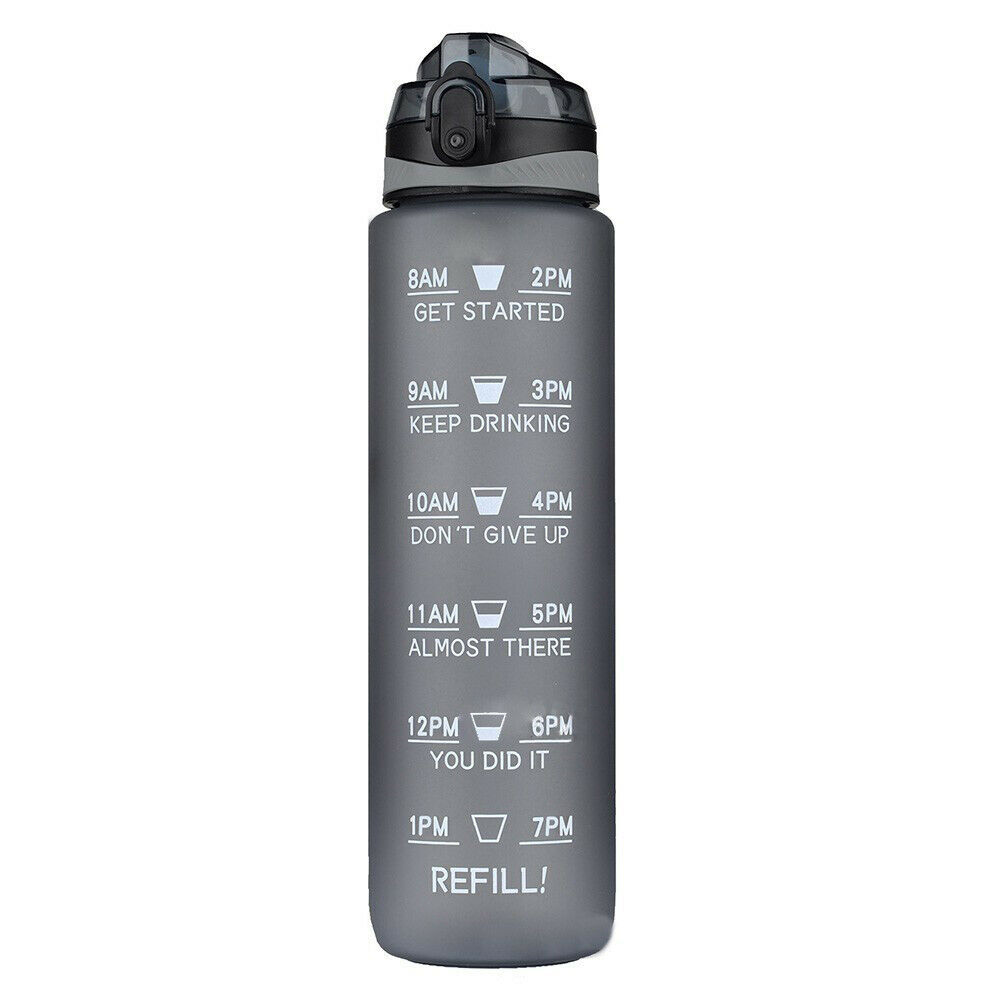 Botella de agua deportiva de 1l, frasco de bebida motivacional con marcas de tiempo, libre de BPA, para deportes, gimnasio, al aire libre, sello a prueba de fugas: Black