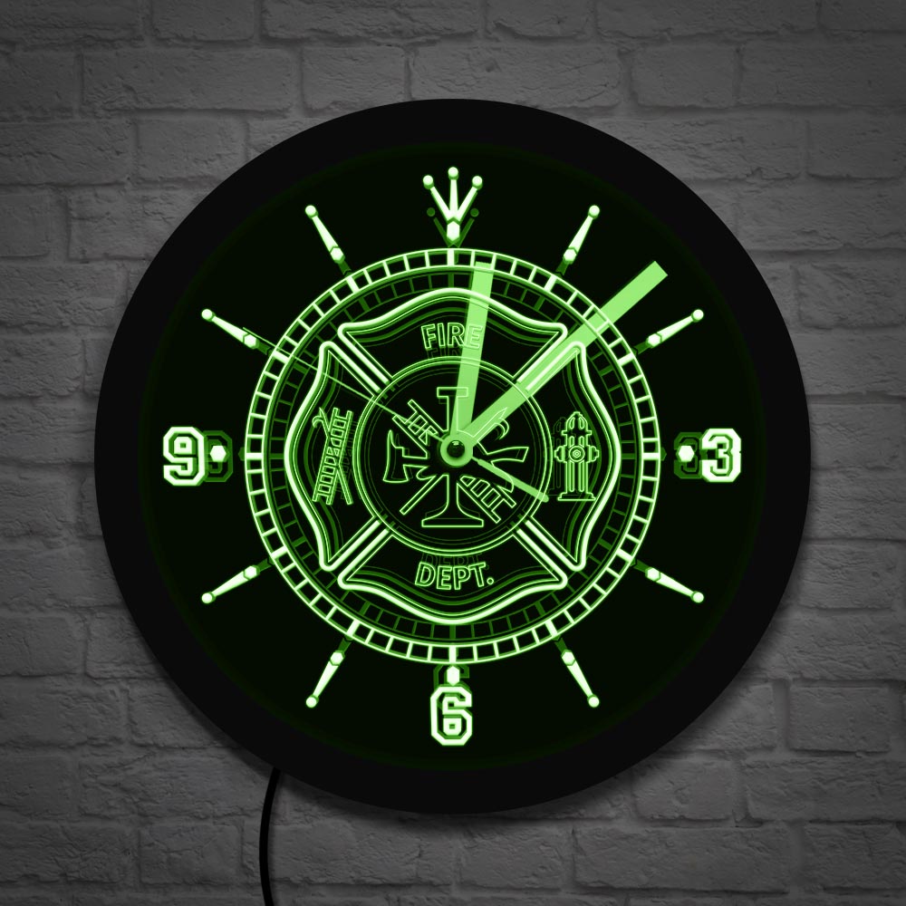 Fire Rescue Fire Dept.LED Lighted Wall Clock Maltese Cross Firefighter Sign Color Changes Lighting Wall Decor Firehouse