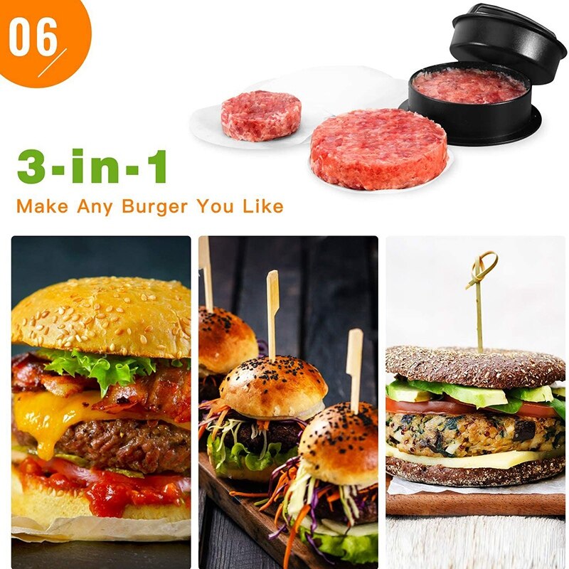 Lber 3 i 1 burger trykk patty fylt burger maker med 120 stk burger papir ikke pinne glidere storfekjøtt burger trykk - svart