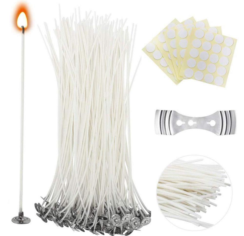 100pcs Low Smoke Cotton Candle Wick with 100pcs Candle Wick Stickers and Candle Wick Centering Device for Candle Making Craft