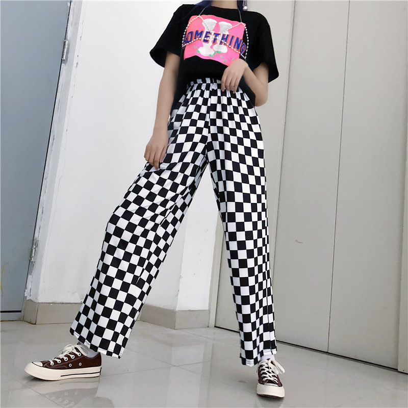 Focal20 Streetwear Plaid Vrouwen Broek Elastische Taille Volledige Lengte Geblokte Zwart-wit Casual Losse Rechte Broek
