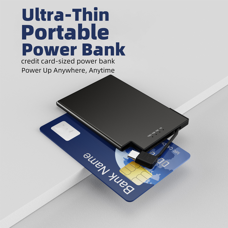 5mm Ultra-Slim Card Power Bank 2650mAh Wallet Portable Mini Charger with Built-in USB-C&Lightning Stainless Steel Pocket Battery