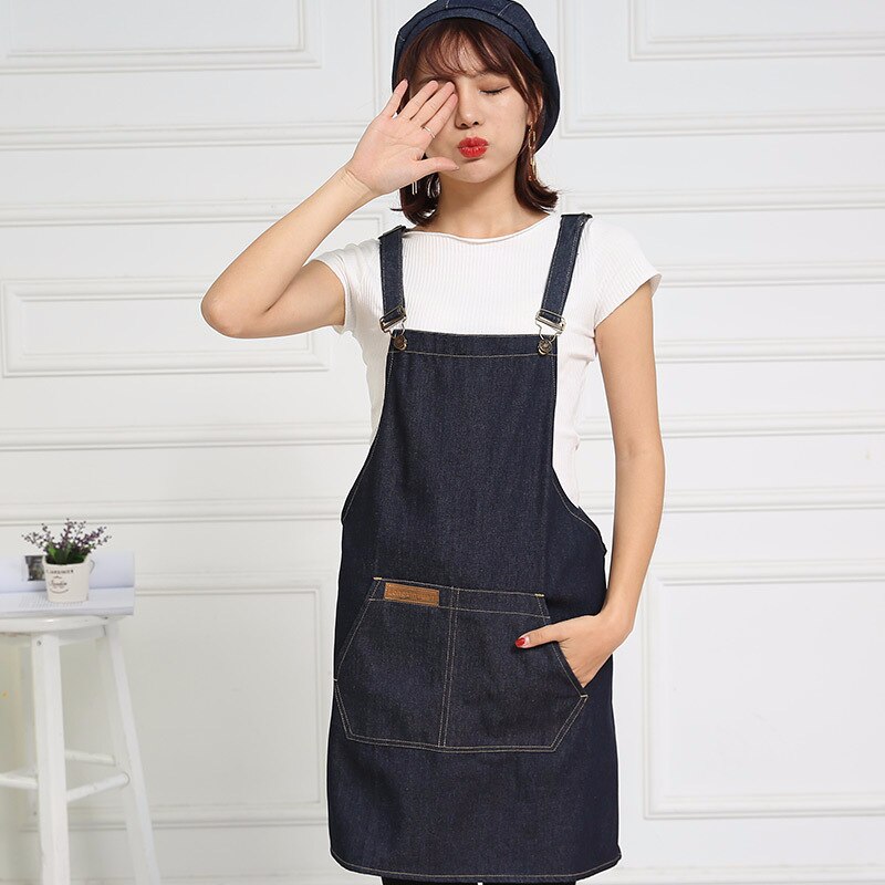 Delantal para Chef de cocina para hombre y mujer, vestido con boina, gorro de Chef, camarero, accesorio de cocina: Blue Denim