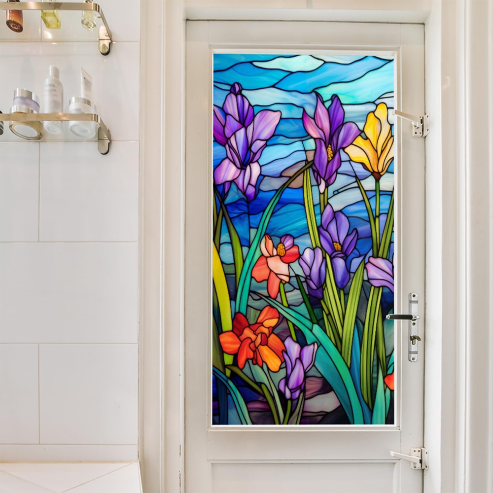 Película esmerilada para ventana de vidrieras, película para ventana floral adhesiva estática, calcomanías para ventana de vidrio de baño no adhesivas para ventanas, 17,7 "x