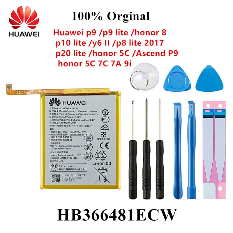 100% Orginal HB366481ECW Phone Battery For Huawei p9 /p9 lite honor 8 p10 lite y6 II p8 lite p20 lite Ascend P9 +Tools