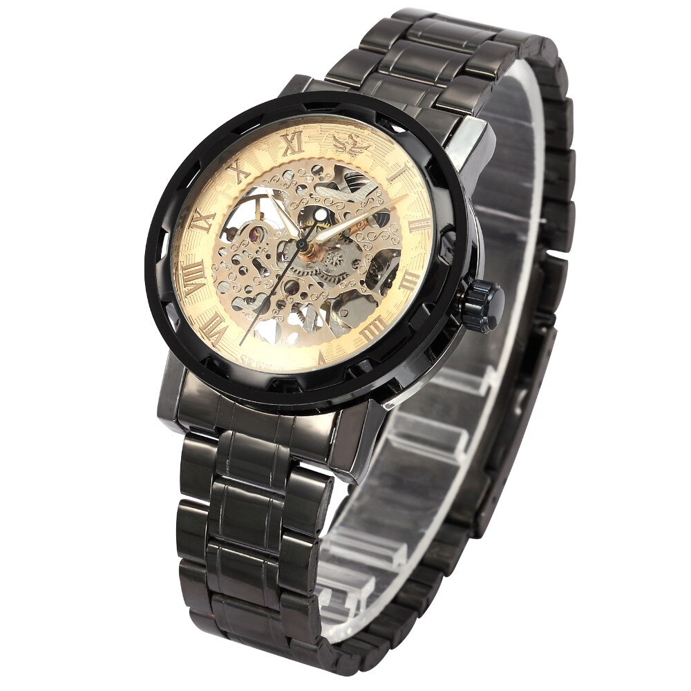 SEWOR winner Skeleton Mechanische Horloge Golden Transparante Steampunk Klok Mannen Roestvrij Volledige Stalen Horloge Relogio