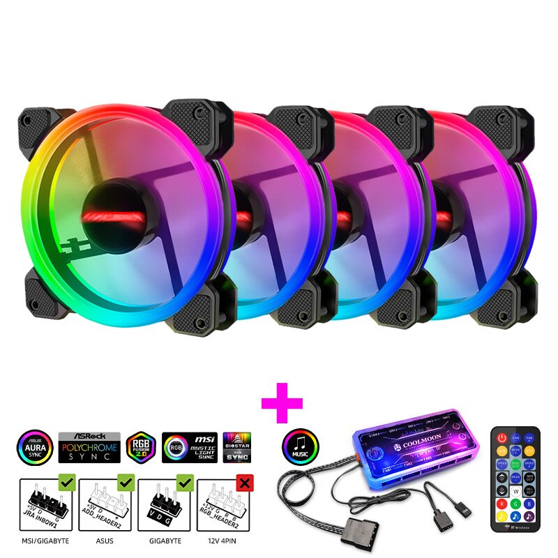 PC Desktop Computer Case Fan 120 mm Cooling Cooler Adjustable RGB Led 12V Mute Ventilador DC ARGB Fans Adjust Speed Aura Sync: 4IN1 music