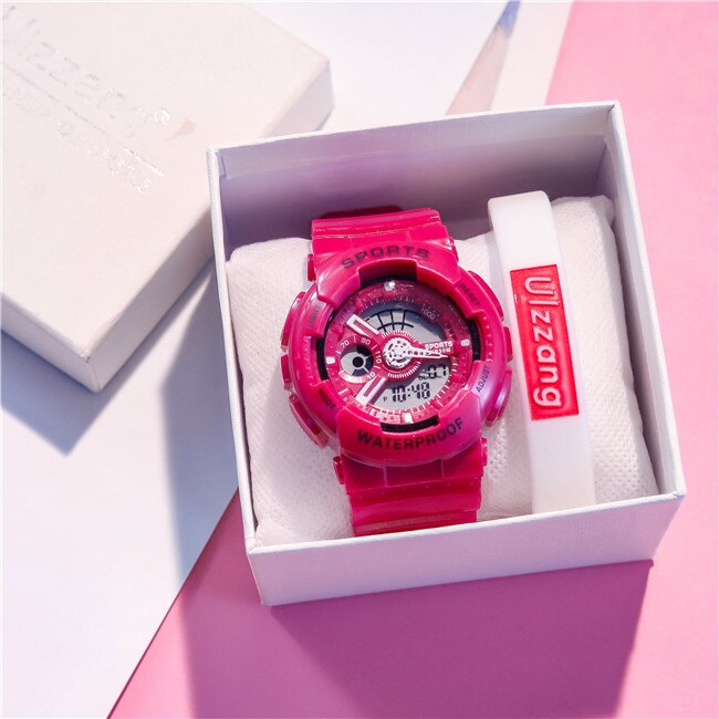 Montre numérique de l'amant de la étanche Sport montre-bracelet double temps or haut choc hommes femmes montre-bracelet Led horloge en caoutchouc: Red White