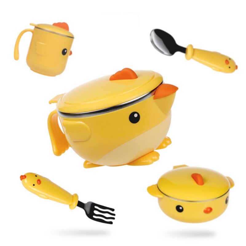 Children dishes set Baby tableware Kit Stainless Steel feeding bowl Spoon Fork Cup Heat preservation bowl