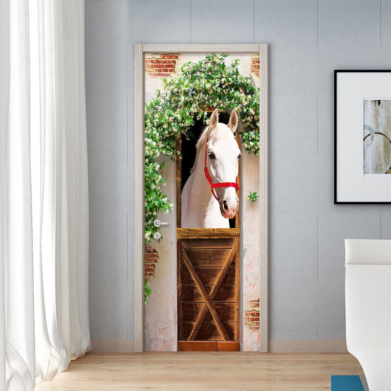 Hvid hest foto 3d dør klistermærke tapet vægmaleri diy pvc selvklæbende vandtæt stue soveværelse dør klistermærker boligindretning