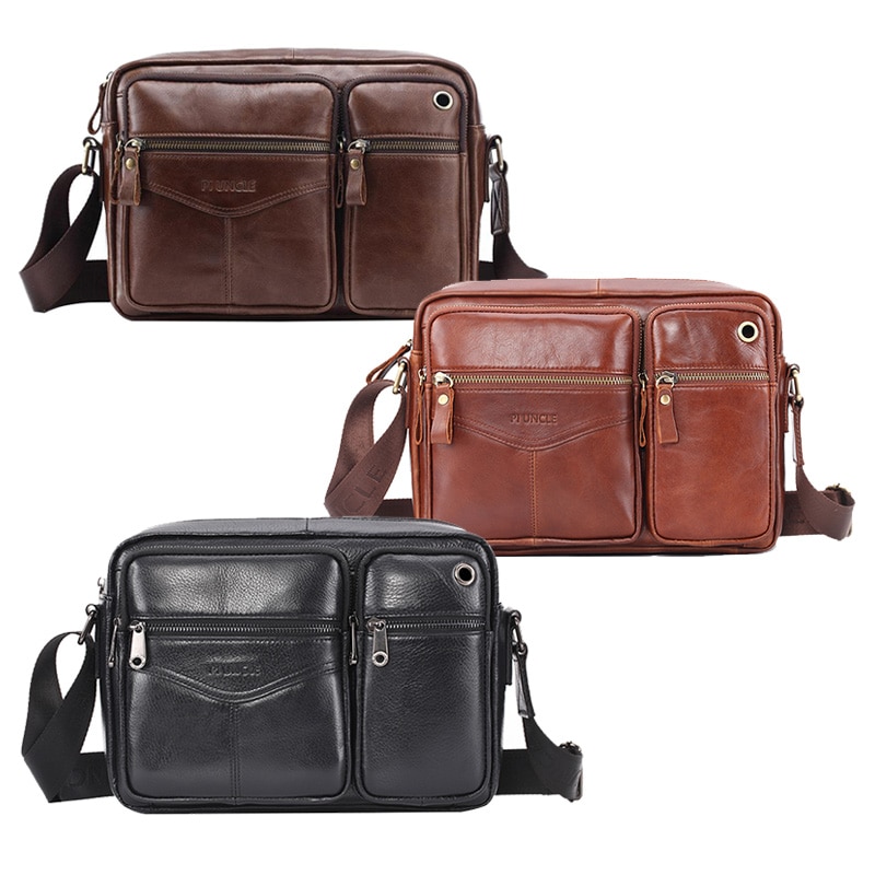 Pi uncle leren retro heren schoudertas aktetas multi-pocket handtas messenger bag