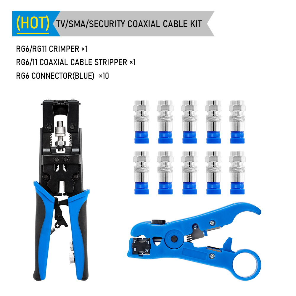 impostato di strumenti per l'installazione di telecamere CCTV Pinze a compressione per connettore F/BNC/RCA RG-58/59/62/6 (3C/4C/5C) Tipo kit spelafili: Arancione
