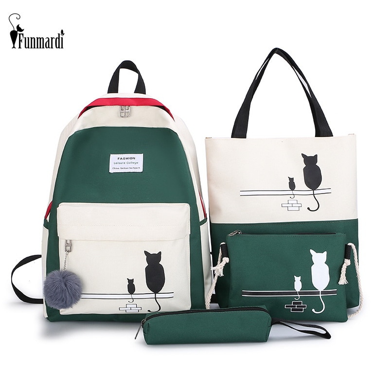 FUNMARDI 4Pcs/Set Panelled Women Backpack Canvas Cat Pattern School Bag For Girl Patchwork Backpack Female Shoulder Bag WLHB2065