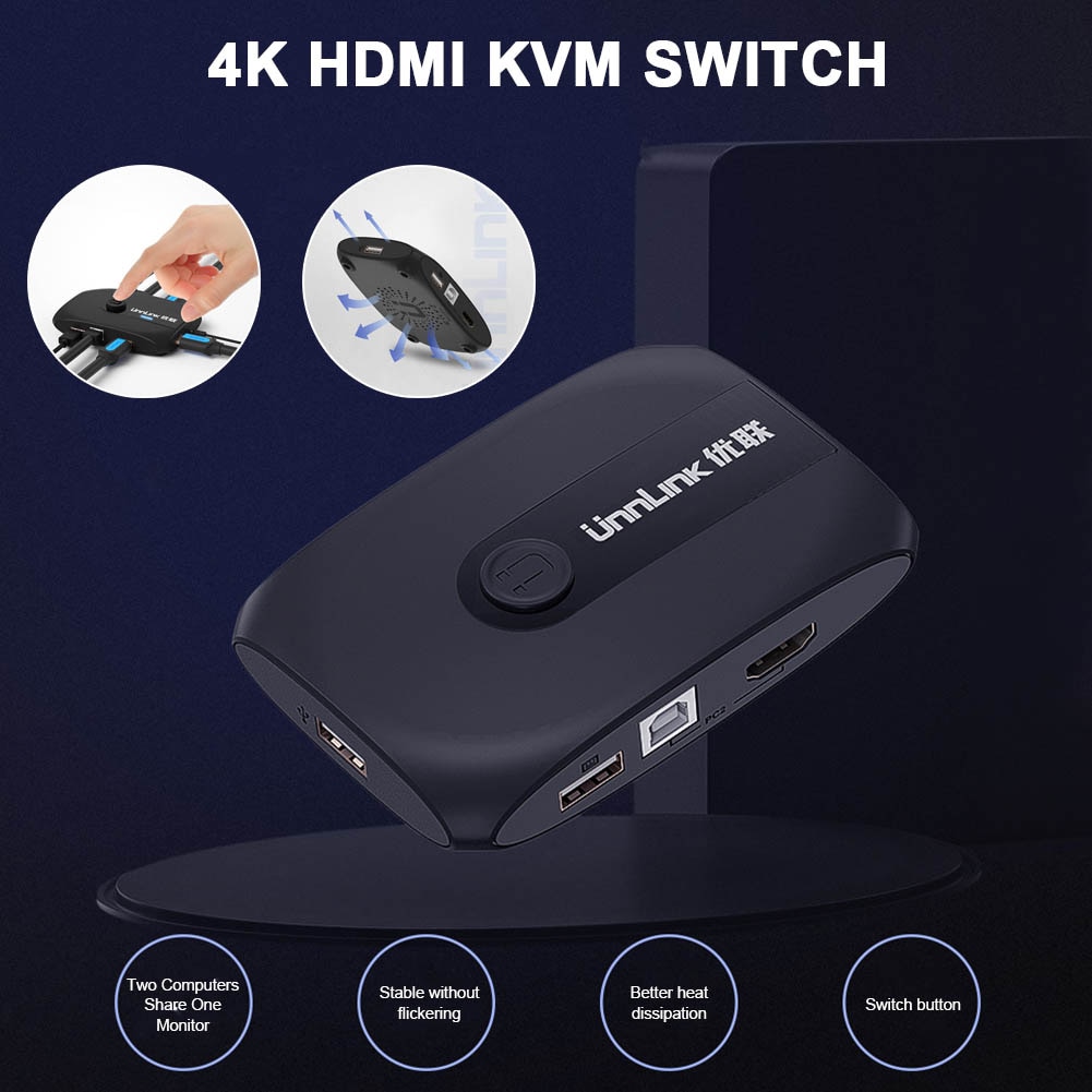 Unnlink 2X1 HDMI KVM Switch Box Selector DVI Switch 2 In 1 Out Sharing USB 2.0 monitor mouse keyboard for 2 Computer Laptops PCs