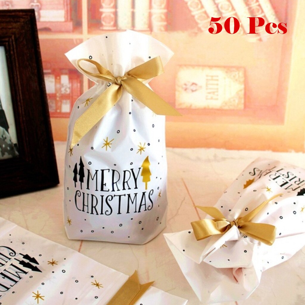 50 Stuks Wit Gouden Kerstboom Merry Christmas Zakken Snoep Zakken Jaar Kerst Decoraties Voor Huis Navidad