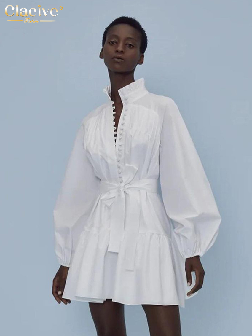 Clacive lose weiße Baumwolle Kleid lässig Stehkragen Puff ärmel Mini kleid elegante Schnür Falten kleider für Frauen