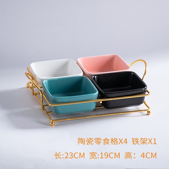 De cerámica bandeja de comida con divisores hogar fruta Bol para bocadillos bandeja de almacenamiento con soporte de hierro decoración de bandejas de ensalada: mixed colour4