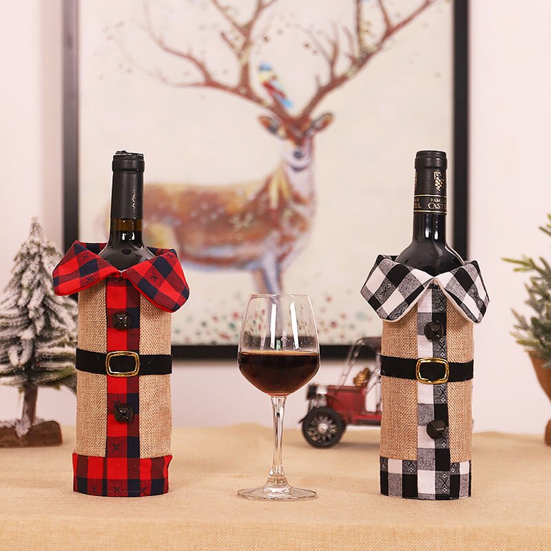 Juldekorationer nordisk stil linne pläd kläder klocka vin flaska lock vin påse dekoration