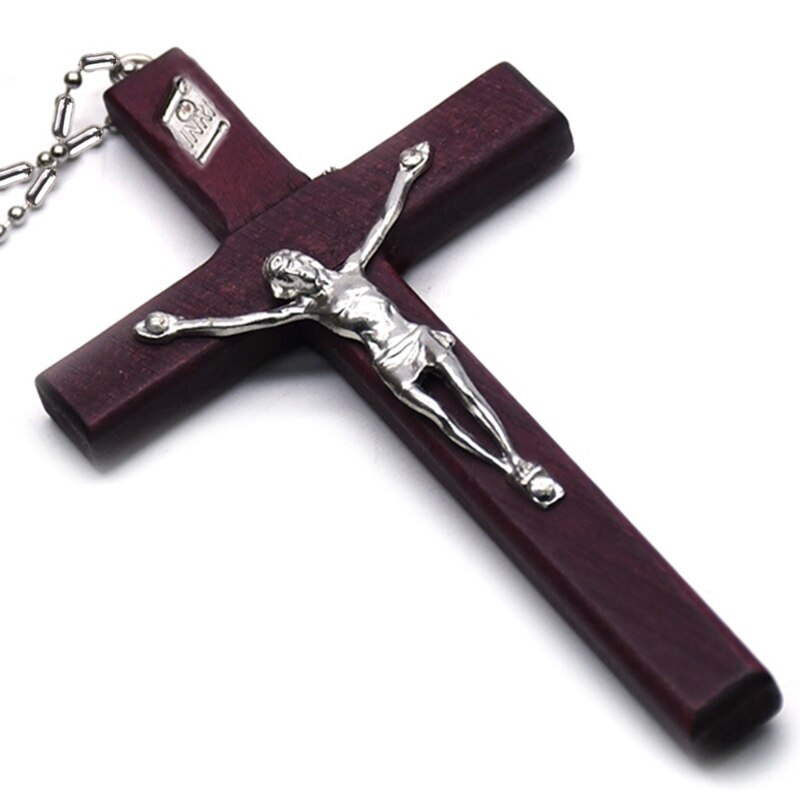 Collar religioso de madera con forma de cruz de Jesús para hombre, Colgante con cadena, joyería,