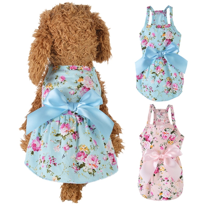 -Vestido de cão de verão de algodão azul estilingue cão saia bowknot camisa roupas de aniversário pequeno filhote de cachorro respirável vestido fresco para cães