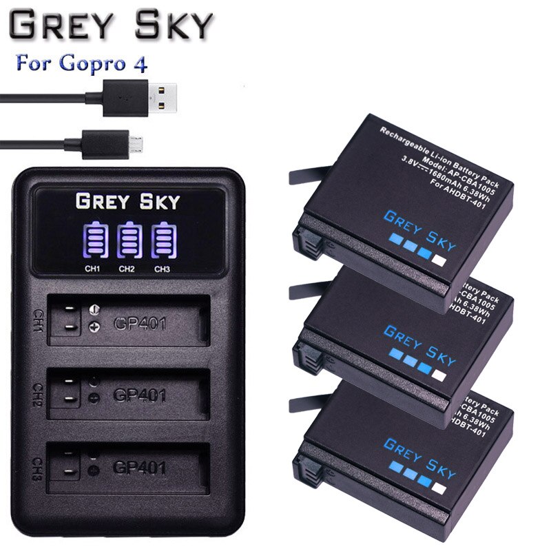 4 Uds. Batería AHDBT-401 de 1680mAh para Gopro Hero 4 batería AHDBT401 go pro 4 + cargador USB LED de 3 puertos para cámara GoPro Hero4 HERO4: Charger and 3battery
