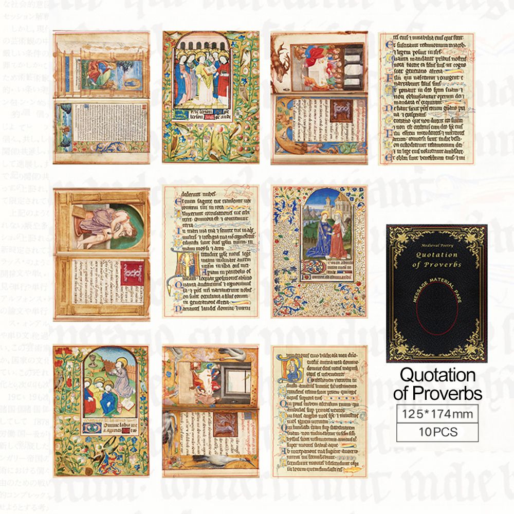 Pages de livre rétro médiéval, lot de 10 feuilles, série de poésie du moyen age, Collage de papier matériel DIY, statique d&#39;arrière-plan pour Scrapbooking: quotation proverbs