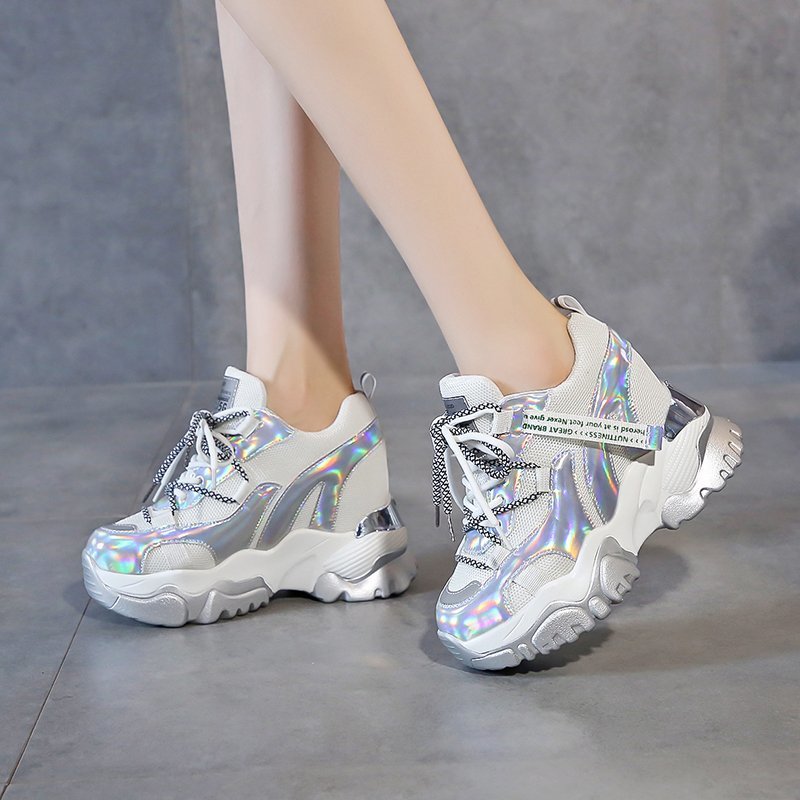 Tuinanle chunky sneakers høy hæl 10 cm kvinner høst tykk bunn plattform joggesko høyde økende kvinne sølv fritidssko