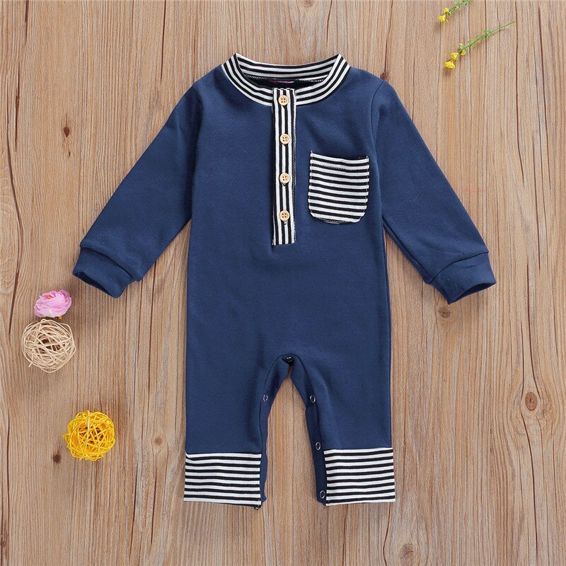 0-24M Pasgeboren Baby Jongens Gestreepte Romper Met Pocket Knop O-hals Jumpsuit Voor Baby Peuter Kids Lente Herfst jumpsuits: Blauw / 18m