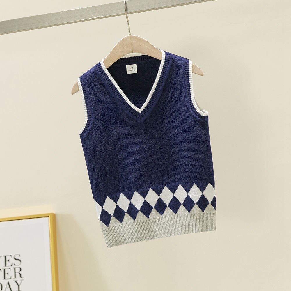 Geometric Rhombus Knit Vest for Big Boys Autumn Preppy Style School Uniform Baby Girls Sleeveless Outerwear Knitted Sweater: Navy blue / 18