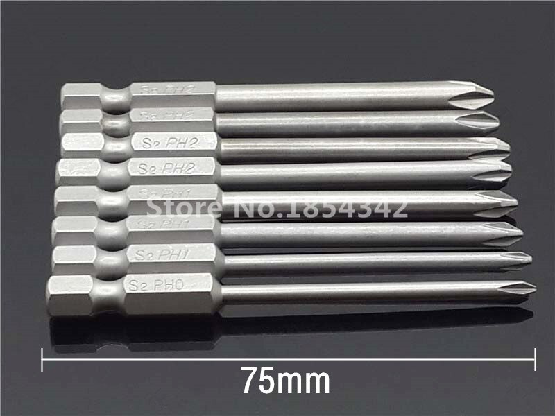 8Pcs 75mm Long Magnetic Hex Cross Head Screwdriver Bits Electric Screwdriver Set S2 PH0,PH1,PH2