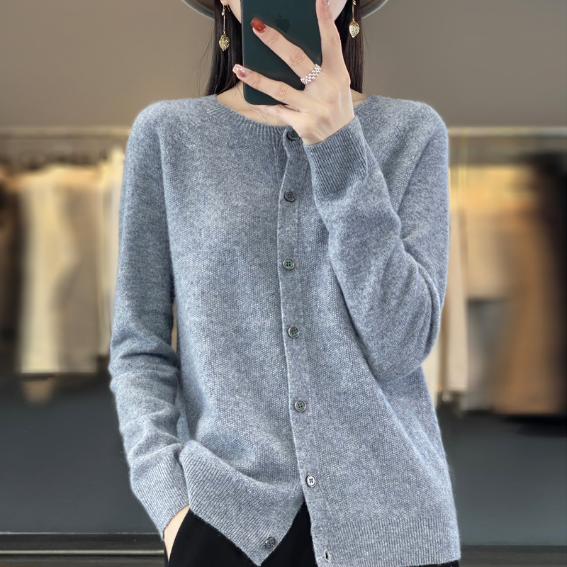 mujer 100% cárdigans de lana merina suéter de cachemira Otoño Invierno cuello redondo prendas de punto de manga larga ropa básica femenina Tops: M / Gris