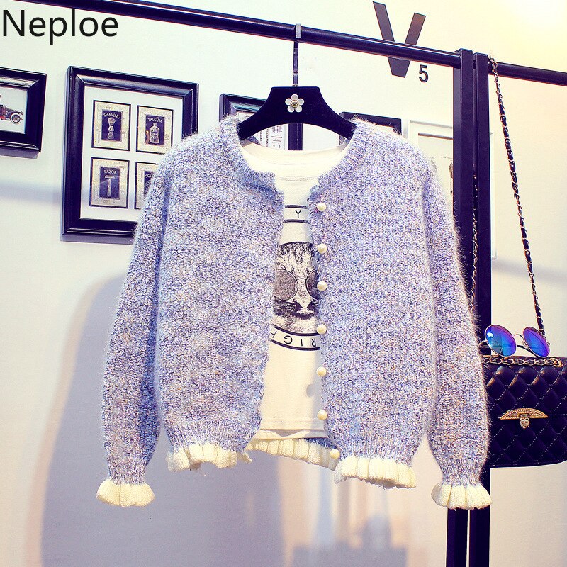 Neploe koreansk sød stil korte cardigans sweater kvinder flæser o hals perle veste femme løs strik studenterfrakke 46277