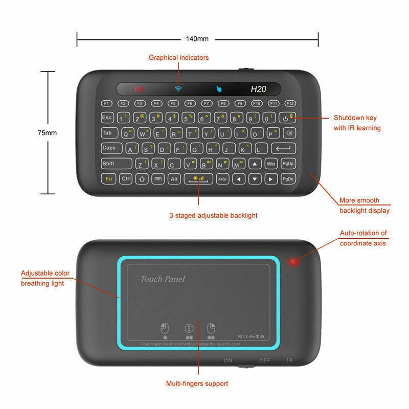 H20 2.4GHz Wireless Keyboard USB Full Screen Touchpad with Backlight Function