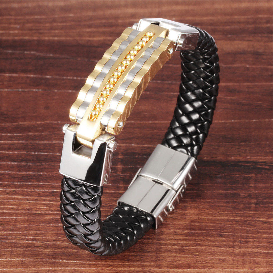Xqni svart skinn armbånd herre sjarm armbånd rustfritt stål menn smykker rock chunky skinn herre armbånd: Gullfarge