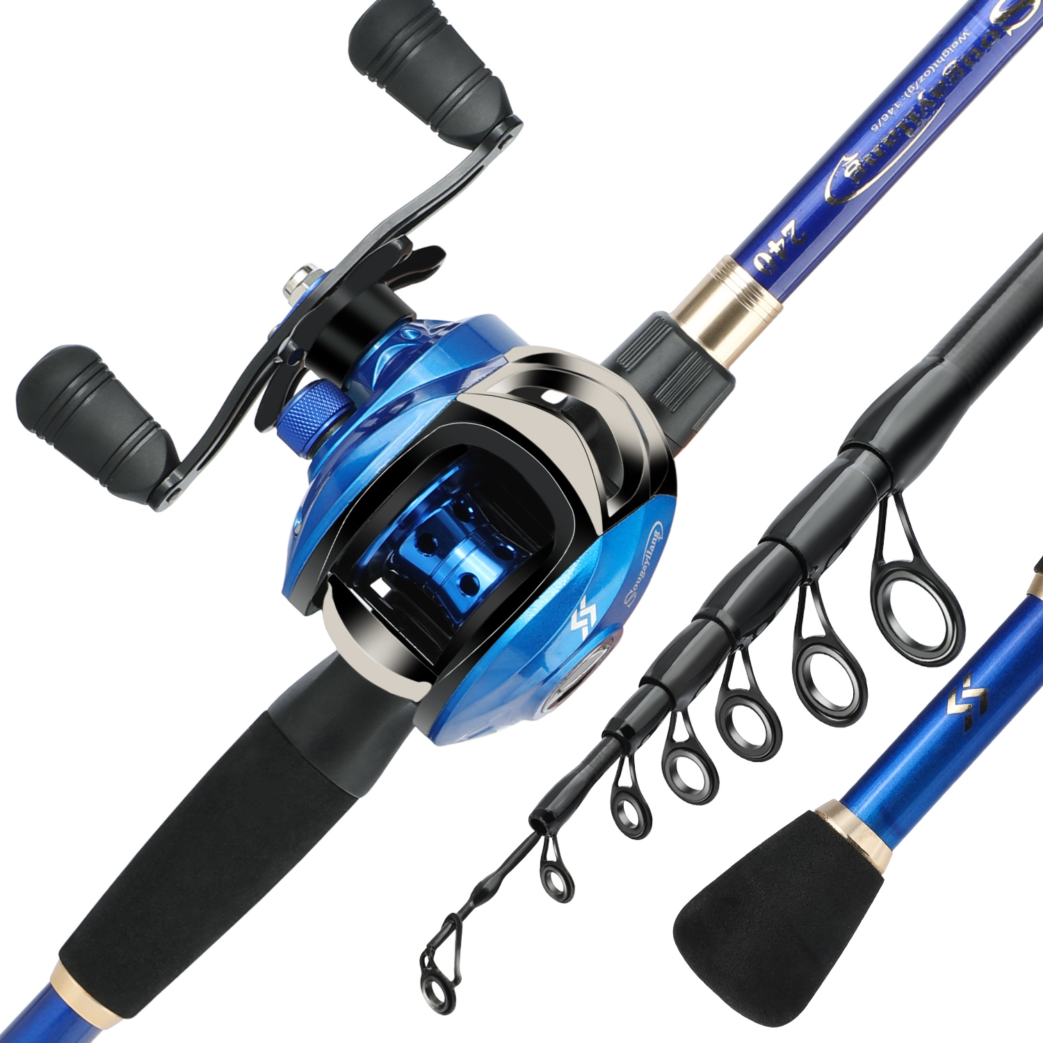 Sougayilang Casting Angelrute und Baitcastingrolle Set Teleskop Hohe Carbon Stange 18 + 1BB Doppel Griff Angeln Reel: Blau / 2.4M and Right hand