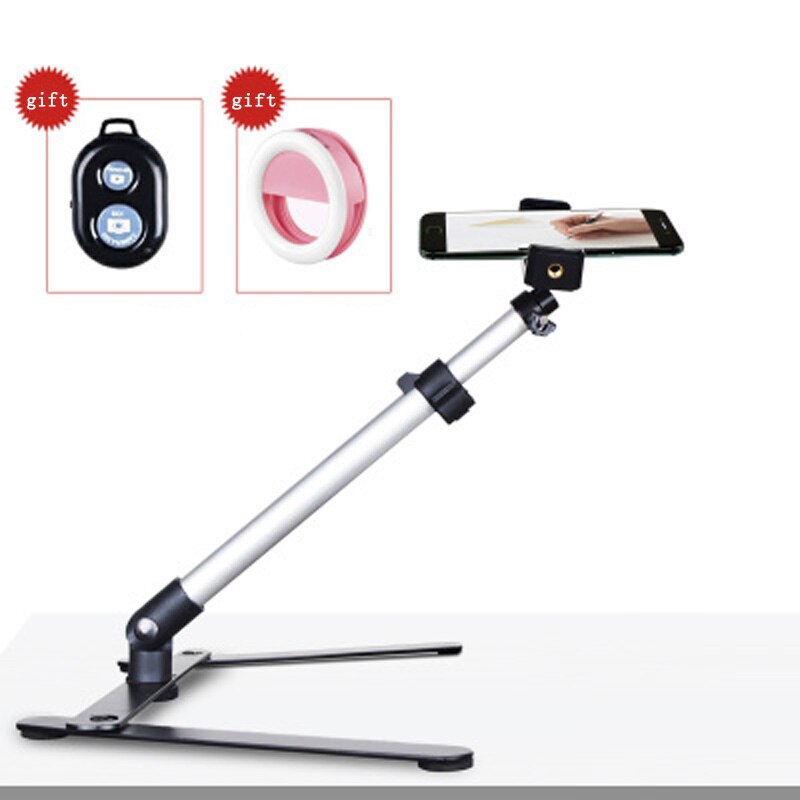 Fotografia ajustável tampo de mesa mini monopod conjunto suporte de liga de alumínio + telefone clipe de luz de preenchimento de controle bluetooth