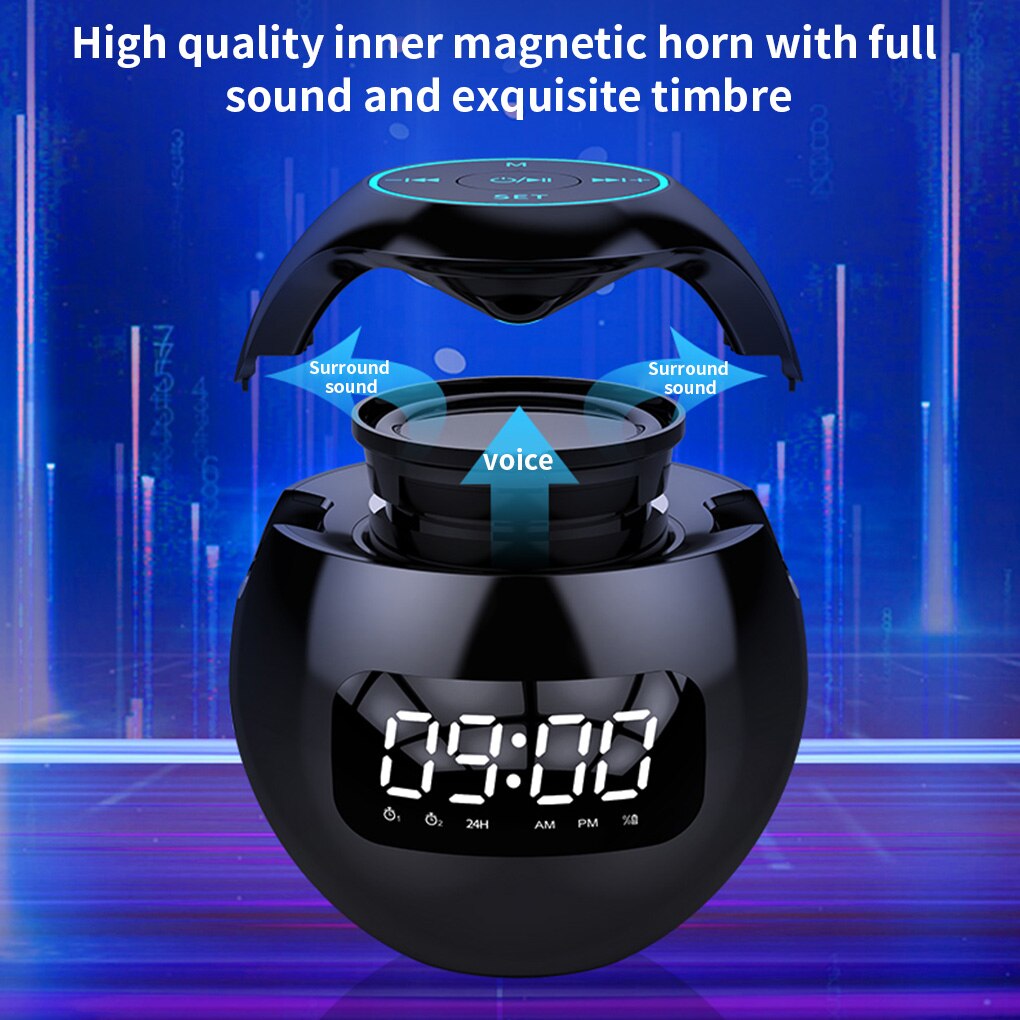 Digital Alarm Clock Bluetooth-compatible 5.0 Speaker Music Player Wireless Ball Shape Clock Speaker with FM function