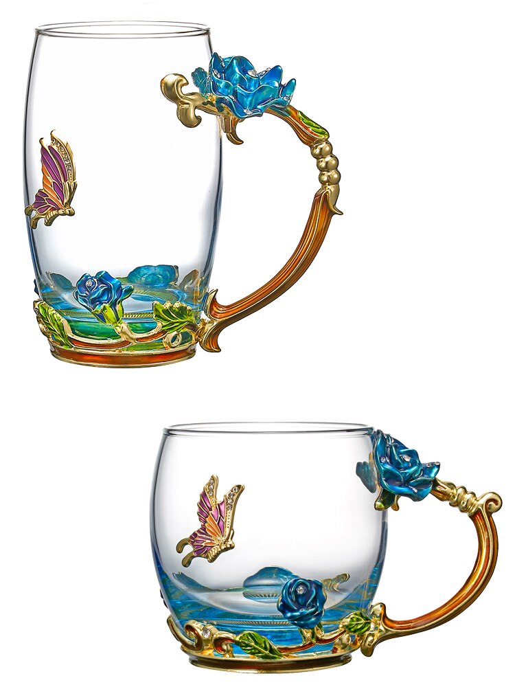 Europäischen Stil Emaille Glas Tasse Kaffee Milch Trinken Blume Getränk Tee Tasse einstellen mit Deckel Löffel Kasten Paar Glas typ bilden