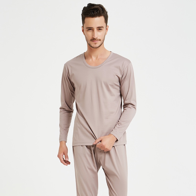 Silk Cotton Pajamas Suit Autumn Clothes Bottom shirt+Trousers Round Collar Thin Men's Underwear Comfortable Pajamas