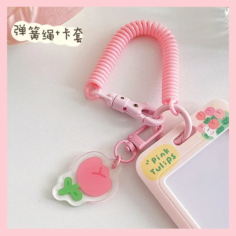 Porta carte per autobus ID studenti Porta carte tulipano orso coniglio con corda elastica Protezioni per carte di credito Custodia per carte bancarie rosa