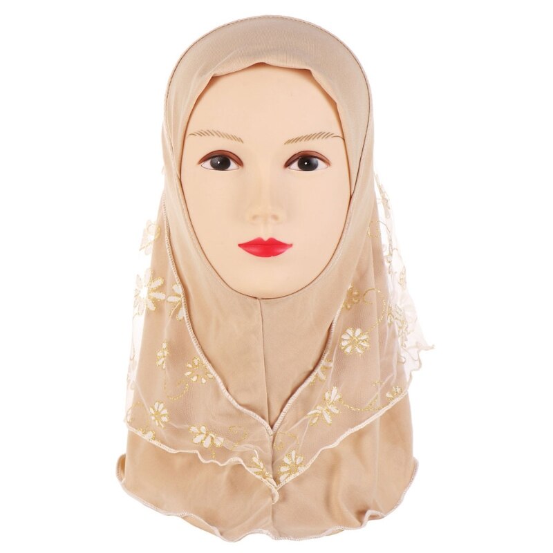 Children Kids Muslim Small Girl Hijab With Lace Flower Pattern Islamic Scarf Shawls Stretch 56cm 7-11 Years Old: E