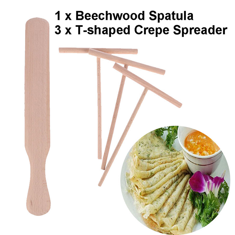 4pcs Pancake Cooking Utensils Wooden Crepe Spreader and Spatula Tortilla Rake Batter Spreading Tools