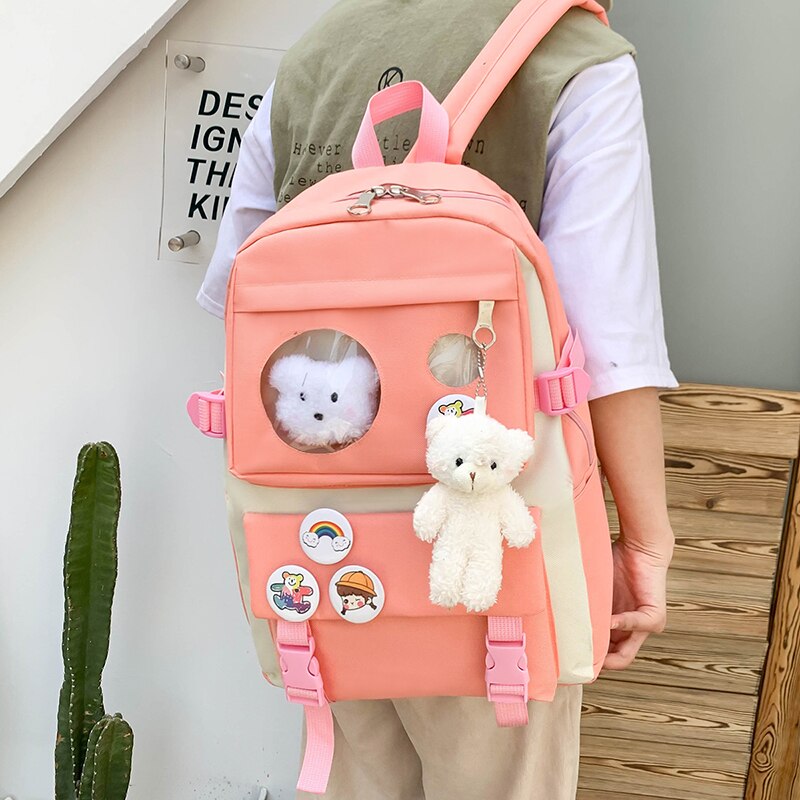 4 stück einstellen Schul Taschen für Teenager Mädchen Rucksack Hohe Schule Rucksack Leinwand Reise Frauen jugendlich Schüler Bookbags: Rosa-Rucksack