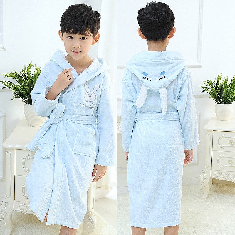 Children Toweling Terry Cotton Cartoon Bathrobe Boys Kids Winter Bath Robe Little Girls Dressing Gown L174: blue / S(140-155cm)