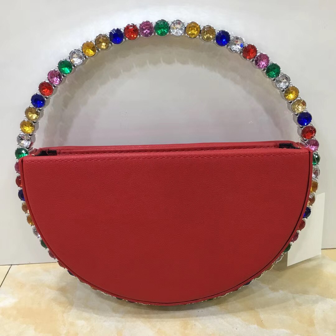 INS Diamond Circular Evening Bag Women Colorful Rhinestone Round Handle Handbag Ladies Dinner Clutch Purses: red colorful